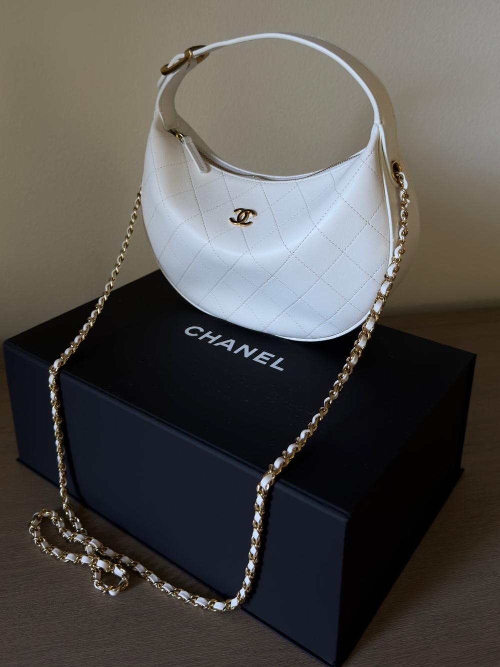 CHANEL Cream Quilted Crescent Shoulder Bag with Gold Chain